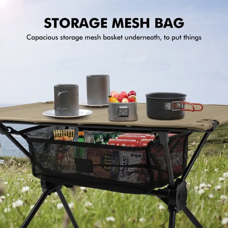 Custom Logo Outdoor Compact Aluminum Folding Table Oxford Top Portable 600d Camp Table with Storage Net Bag