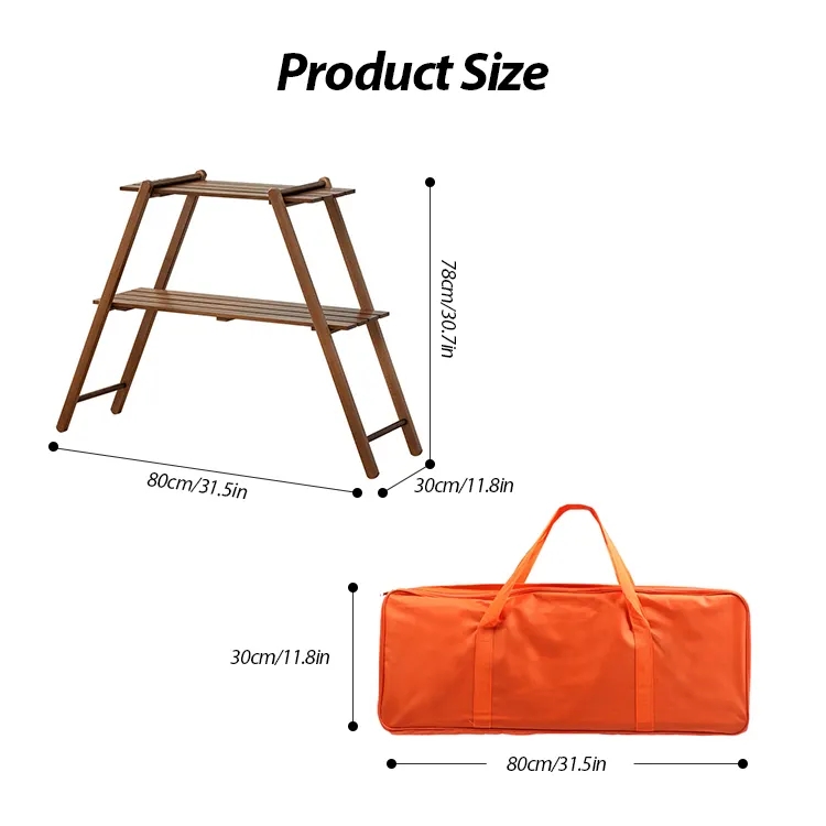 Outdoor Furniture Double Layer Wood Folding Rack Display Standing Camping Wooden Shelf
