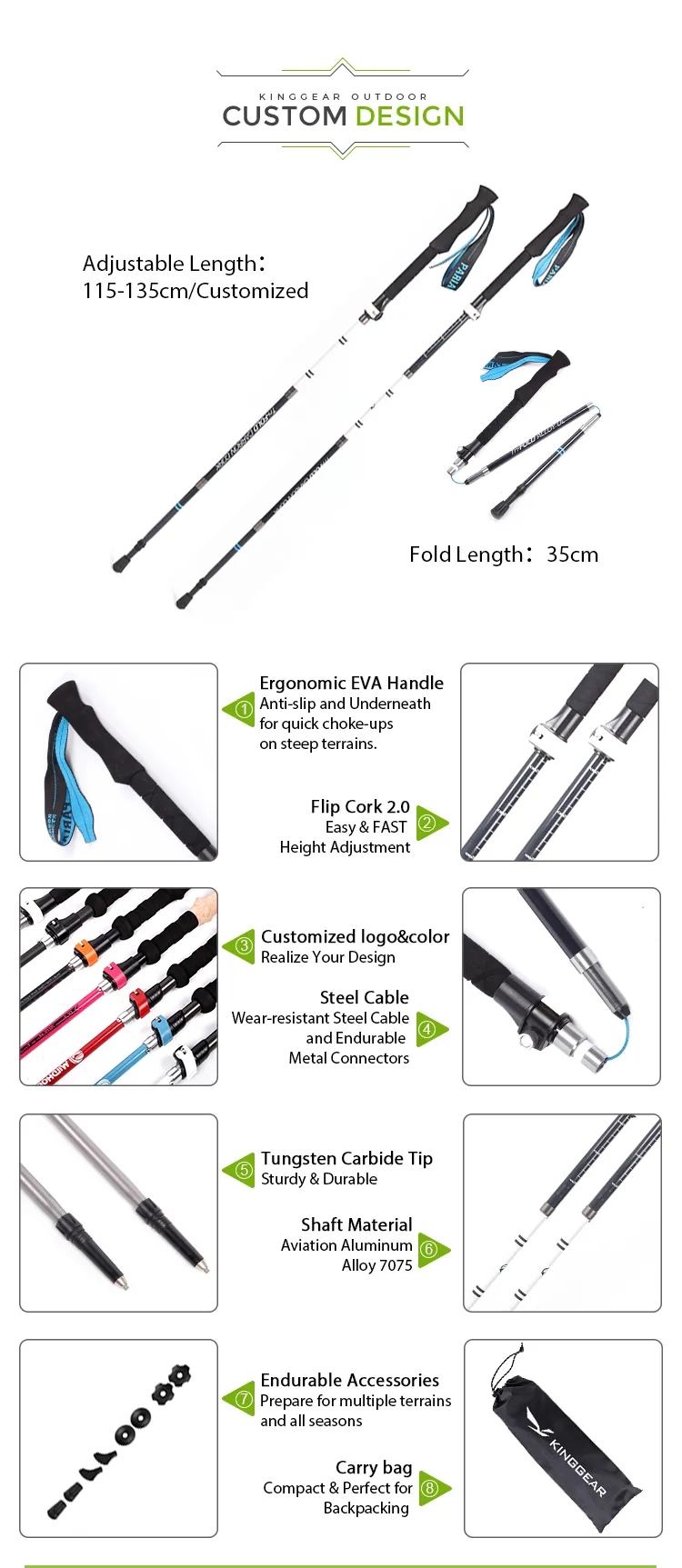 Custom Nordic Cheap Lightweight 5 Sections Collapsible Foldable Aluminum Walking Trekking Stick