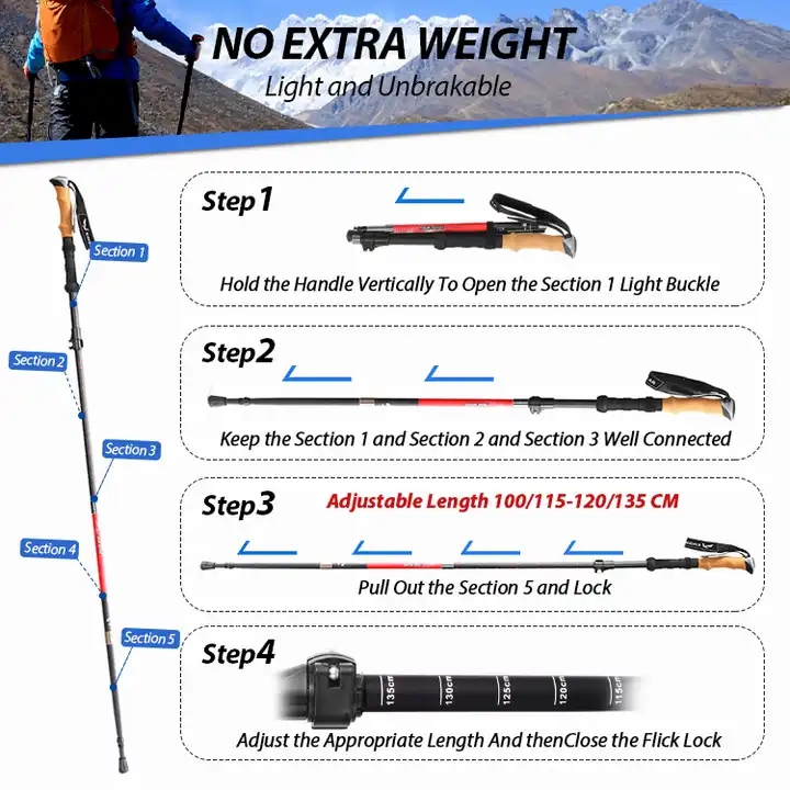 Hot Sale Adjustable Aluminum Folding Trekking Hiking Poles Walking Stick